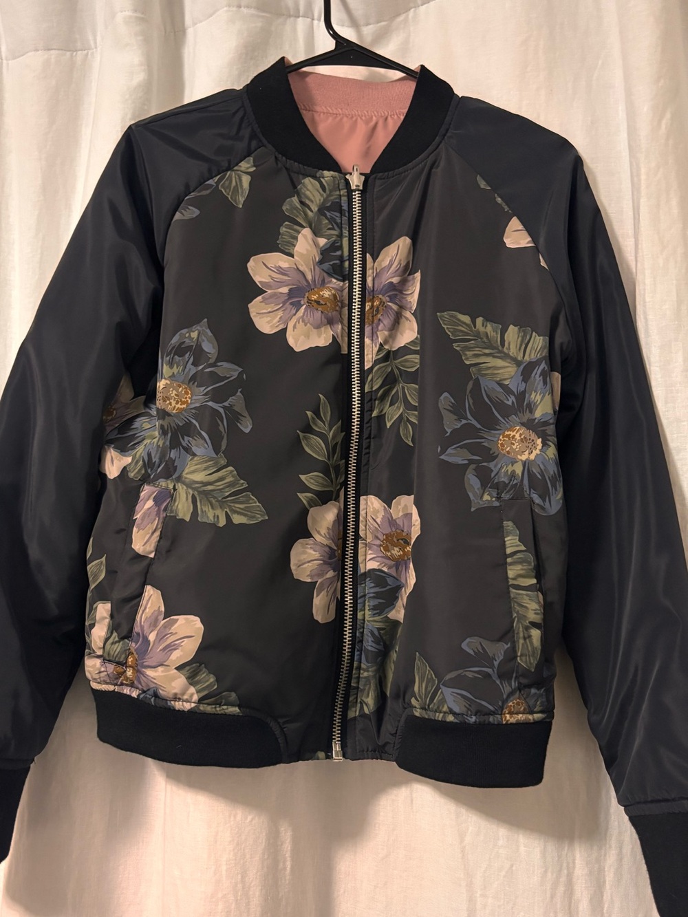 Floral Print Black Bomber Jacket - Women's reversible size M